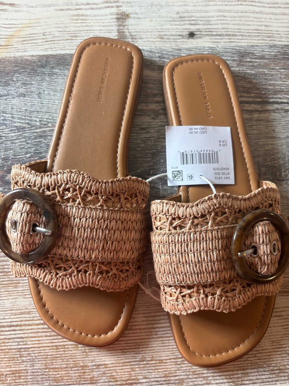 American Eagle Outfitters Tan Crochet Slide Sandals with Tortoiseshell Buckle
